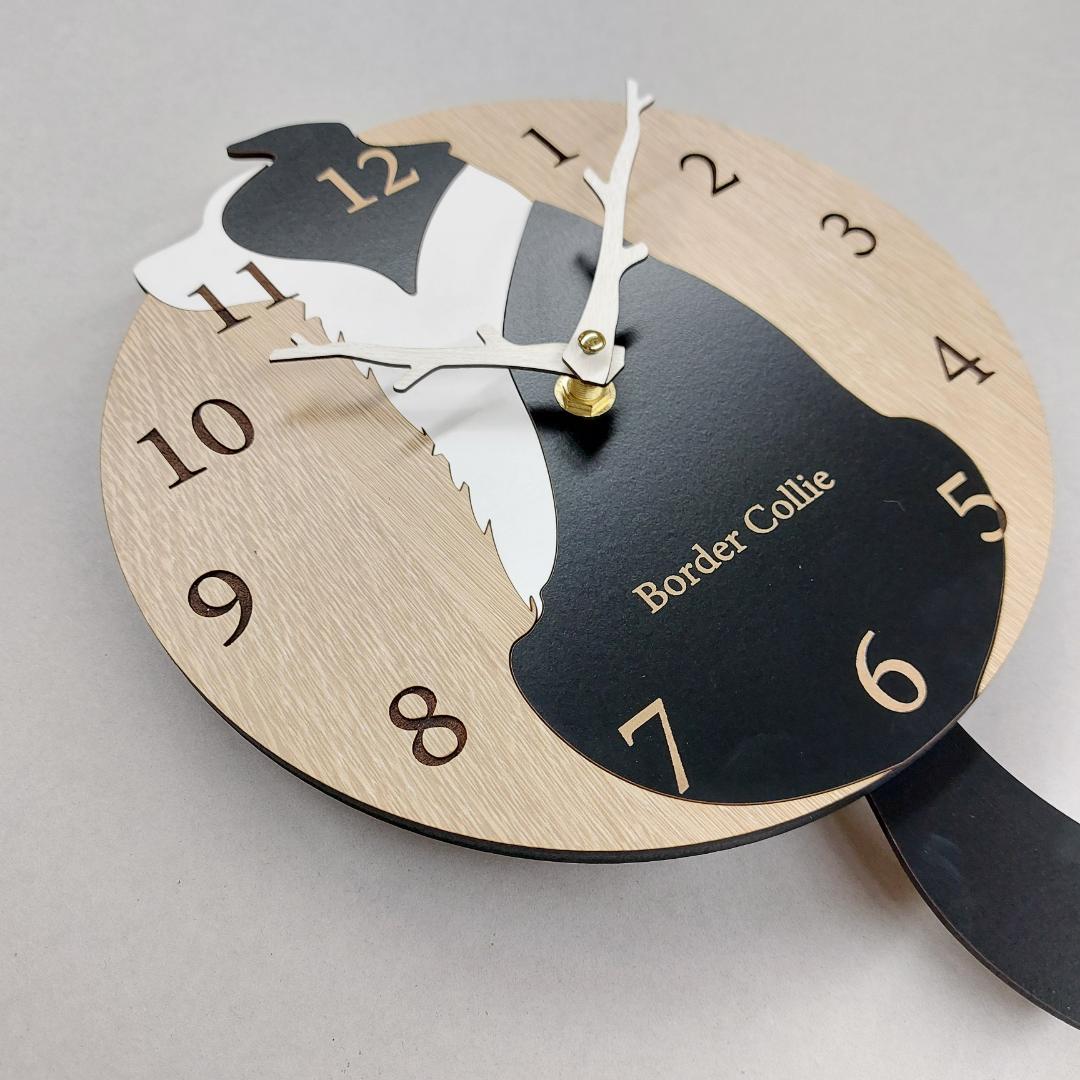 【限定値下げ】【静音タイプ】名入れ　しっぽ 振り子　ボーダーコリー　黒　掛け時計