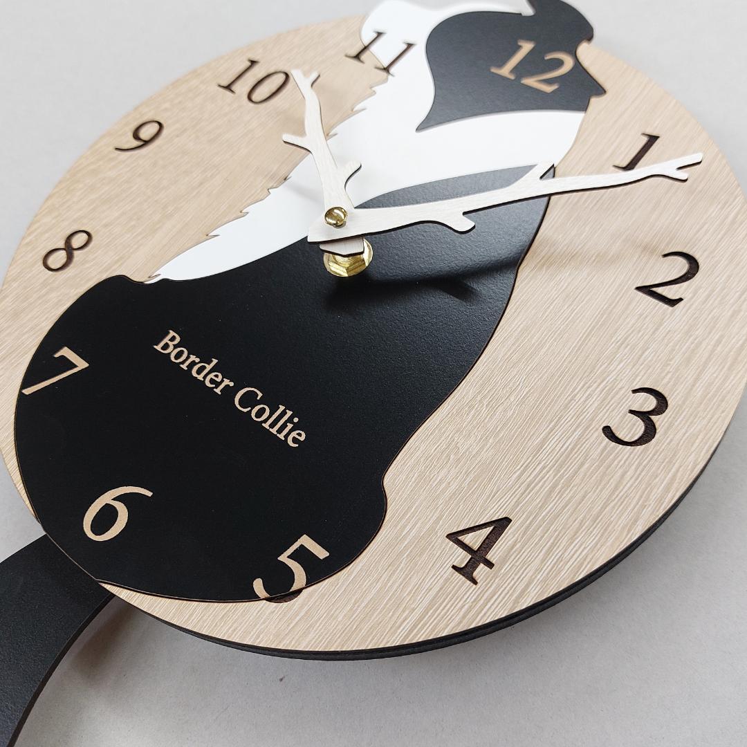 【限定値下げ】【静音タイプ】名入れ　しっぽ 振り子　ボーダーコリー　黒　掛け時計
