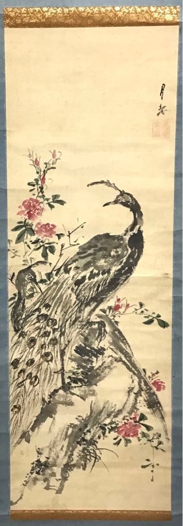 K茶道具　掛軸　「孔雀と牡丹」　落款上の署名「月老」￼配送用桐箱　S189KJ