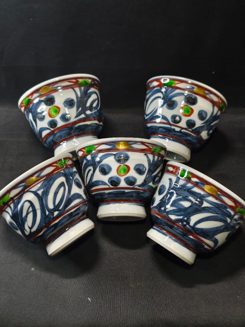 陶芸家梅田純一作品 色絵金彩手描茶碗5客 小鉢 共箱 蒐集家放出美品 未使用蔵出