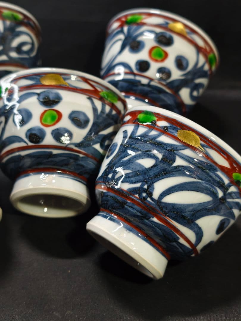 陶芸家梅田純一作品 色絵金彩手描茶碗5客 小鉢 共箱 蒐集家放出美品 未使用蔵出