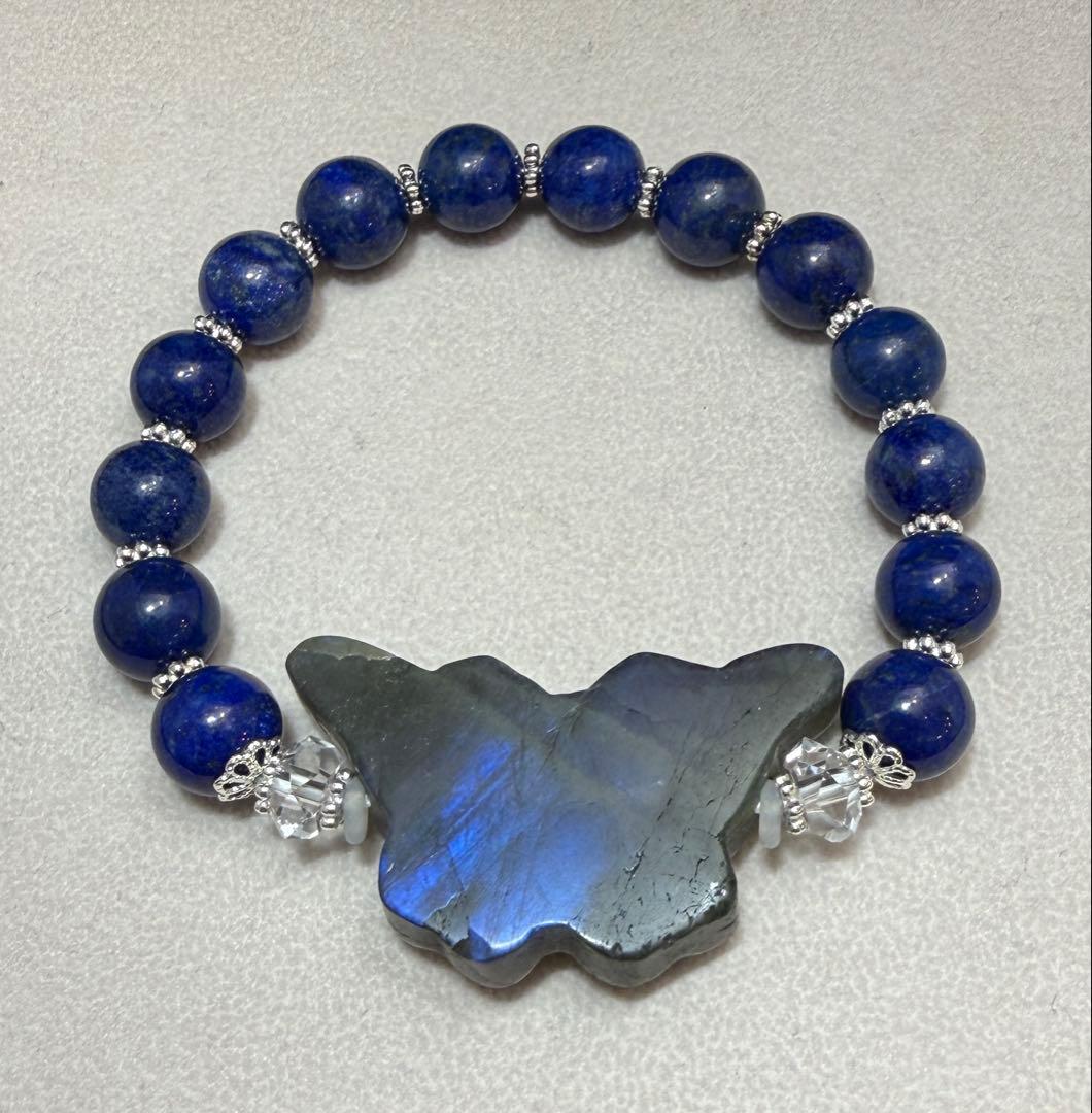 高品質 ラブラドライト 蝶 ラピスラズリ デザインブレスレット
