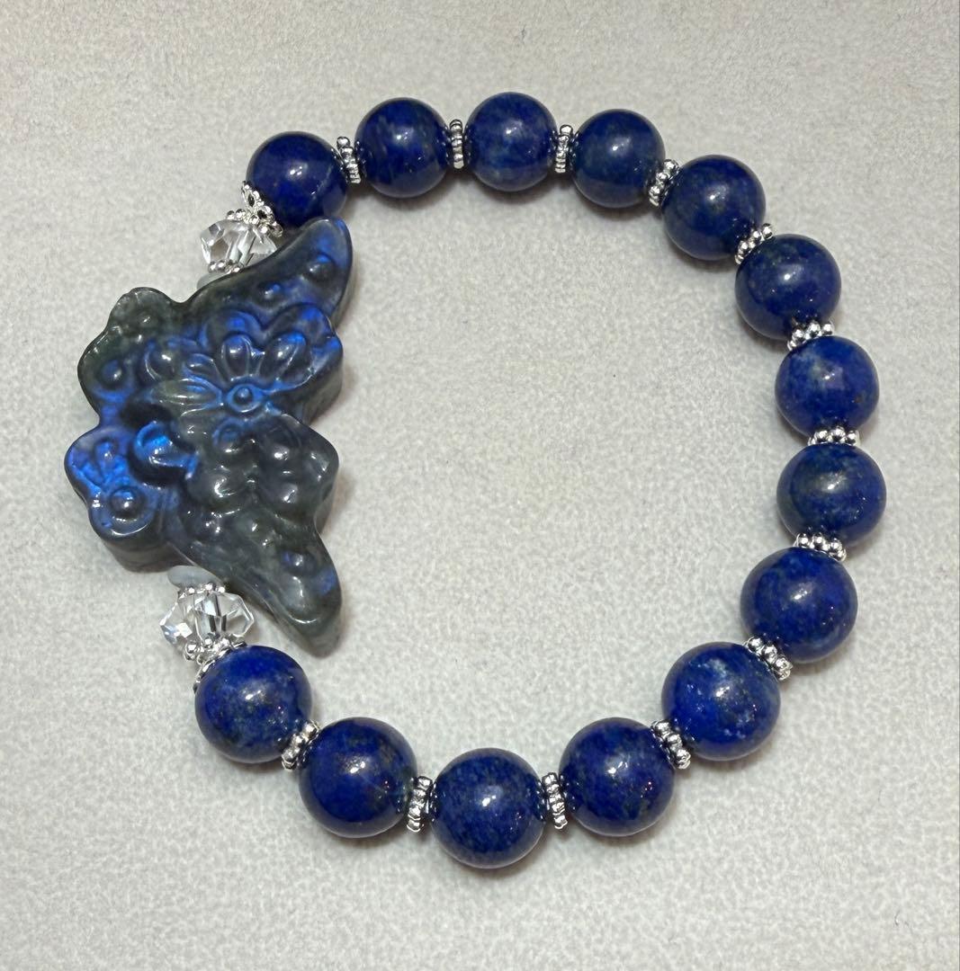 高品質 ラブラドライト 蝶 ラピスラズリ デザインブレスレット