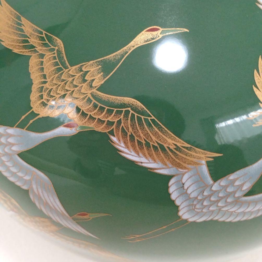 香蘭社　鶴　花瓶　緑