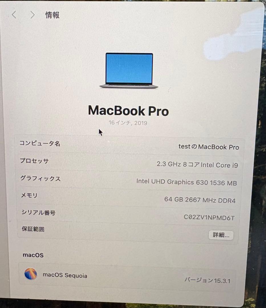 Apple MacBook Pro 16インチ 2019 64GB 2TB