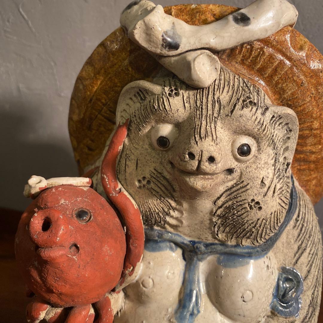 稀少 信楽焼 白たぬき置物 蛸付き 縁起物 骨董品 昭和レトロ 狸庵 オブジェ