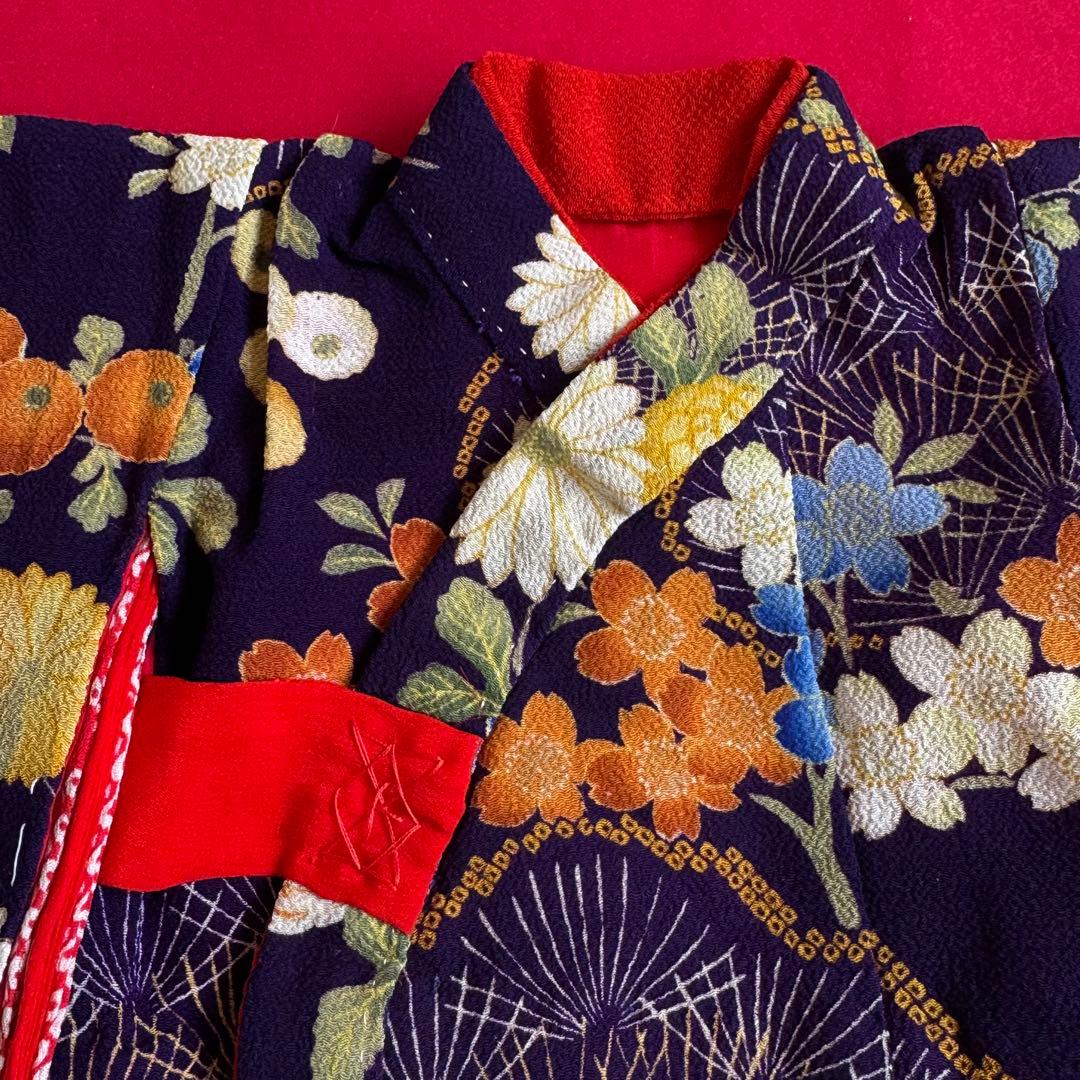 市松人形 14号(49cm)サイズの着物　比翼仕立て　濃紺　茶草花　せ