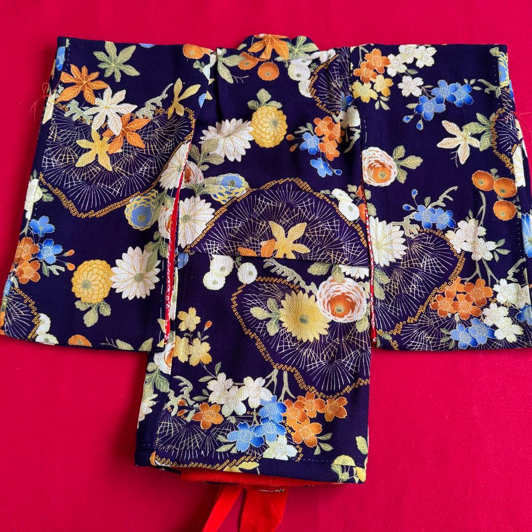 市松人形 14号(49cm)サイズの着物　比翼仕立て　濃紺　茶草花　せ