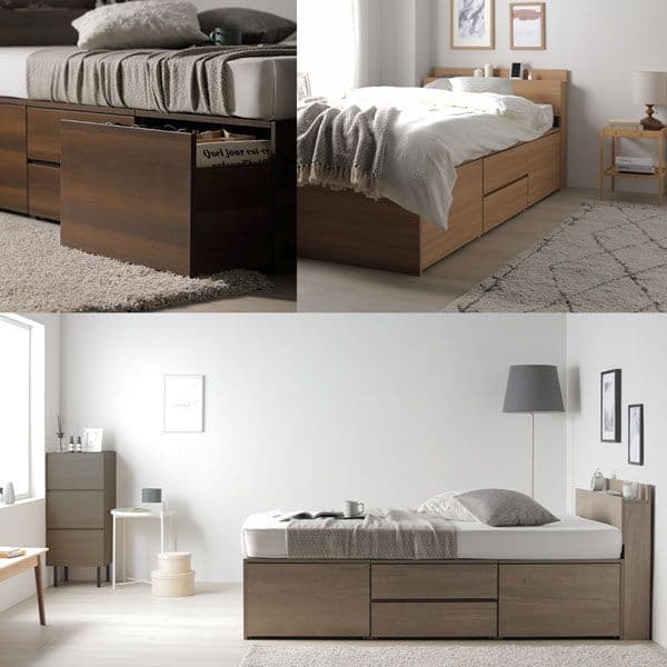 宮付き チェスト ベッド シングル グレージュ ベッドフレームのみ 引き出し