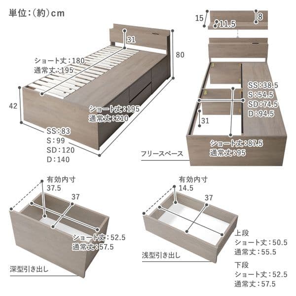 宮付き チェスト ベッド シングル グレージュ ベッドフレームのみ 引き出し
