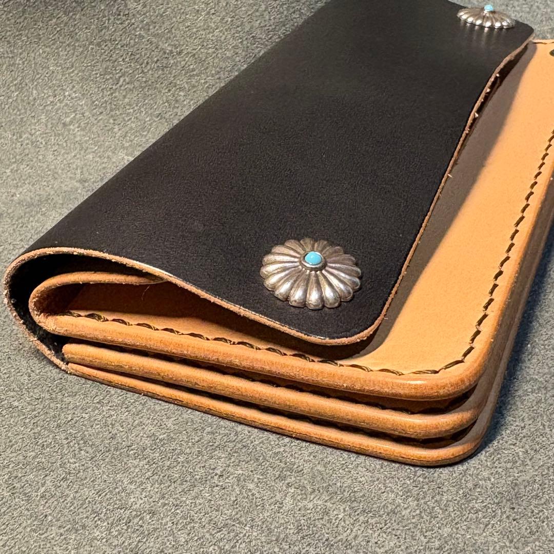 【栃木レザー】トラッカーウォレット ブラック 黒 コンチョ ロングウォレット