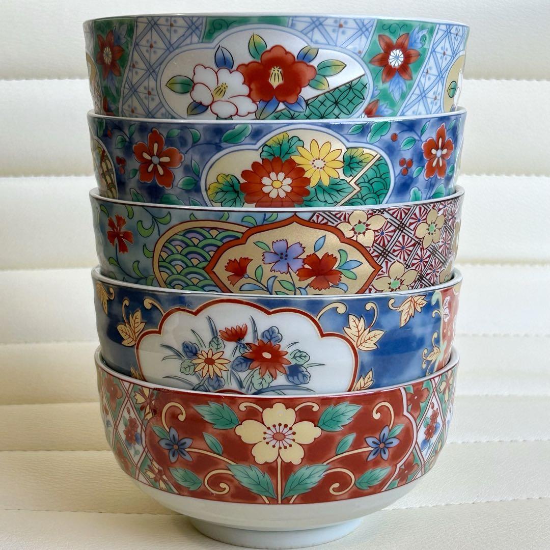 有田焼　弥生窯　絵変わり　丼ぶり揃　5客セット　赤絵　色絵　内染付　丼鉢　中鉢