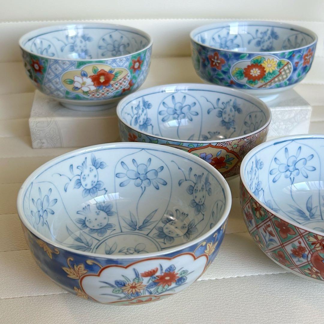有田焼　弥生窯　絵変わり　丼ぶり揃　5客セット　赤絵　色絵　内染付　丼鉢　中鉢