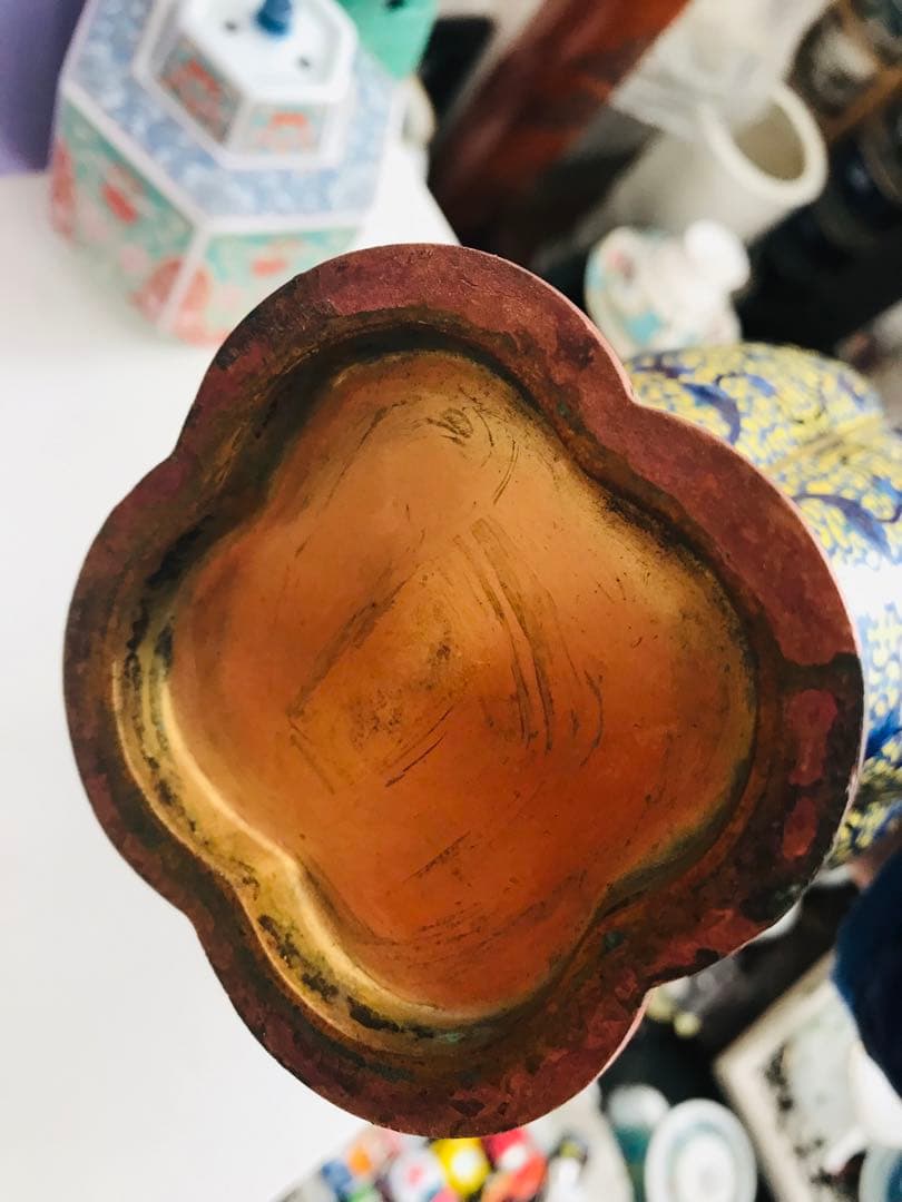 景泰藍 壽 黄地 蓮紋耳付 銅製七宝焼 七宝細工 中国美術 年代品 時代感