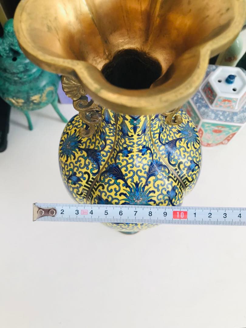 景泰藍 壽 黄地 蓮紋耳付 銅製七宝焼 七宝細工 中国美術 年代品 時代感