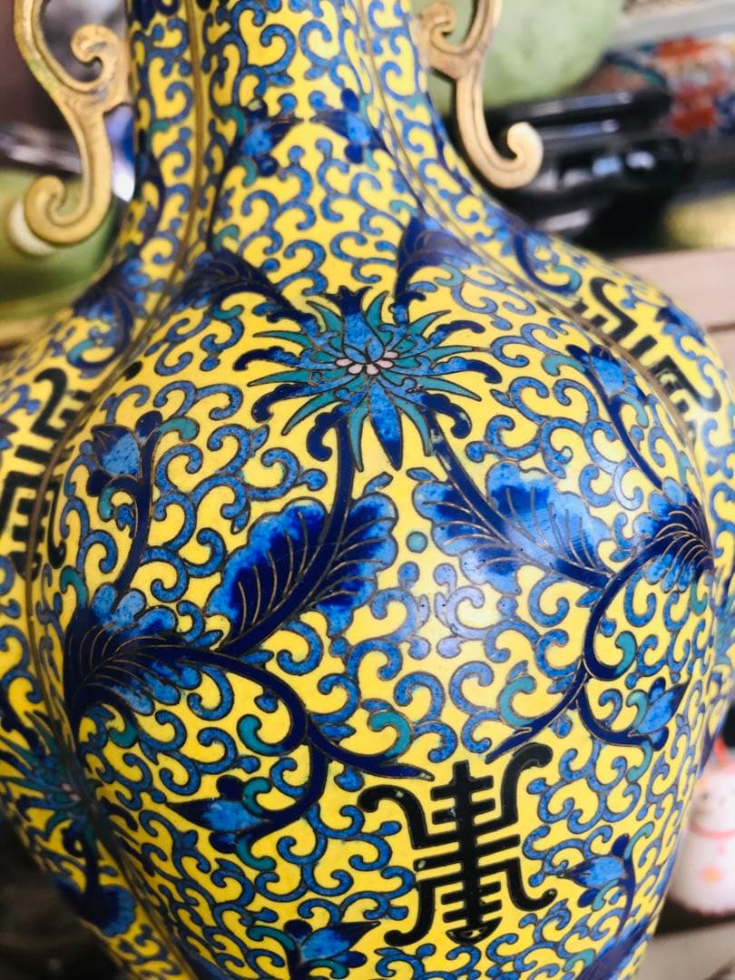 景泰藍 壽 黄地 蓮紋耳付 銅製七宝焼 七宝細工 中国美術 年代品 時代感