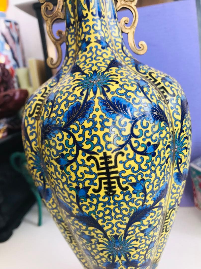 景泰藍 壽 黄地 蓮紋耳付 銅製七宝焼 七宝細工 中国美術 年代品 時代感