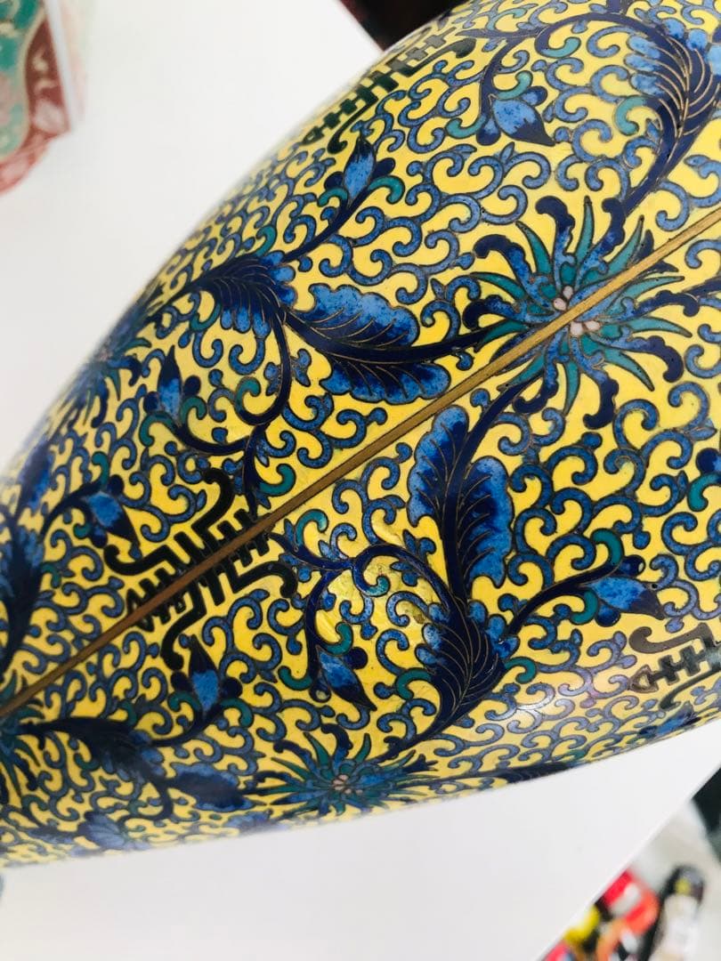 景泰藍 壽 黄地 蓮紋耳付 銅製七宝焼 七宝細工 中国美術 年代品 時代感