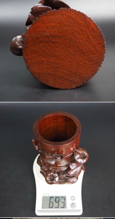 送料無料　極上唐木紫檀/黄花梨木透かし彫り筆筒　箱付　完品無傷