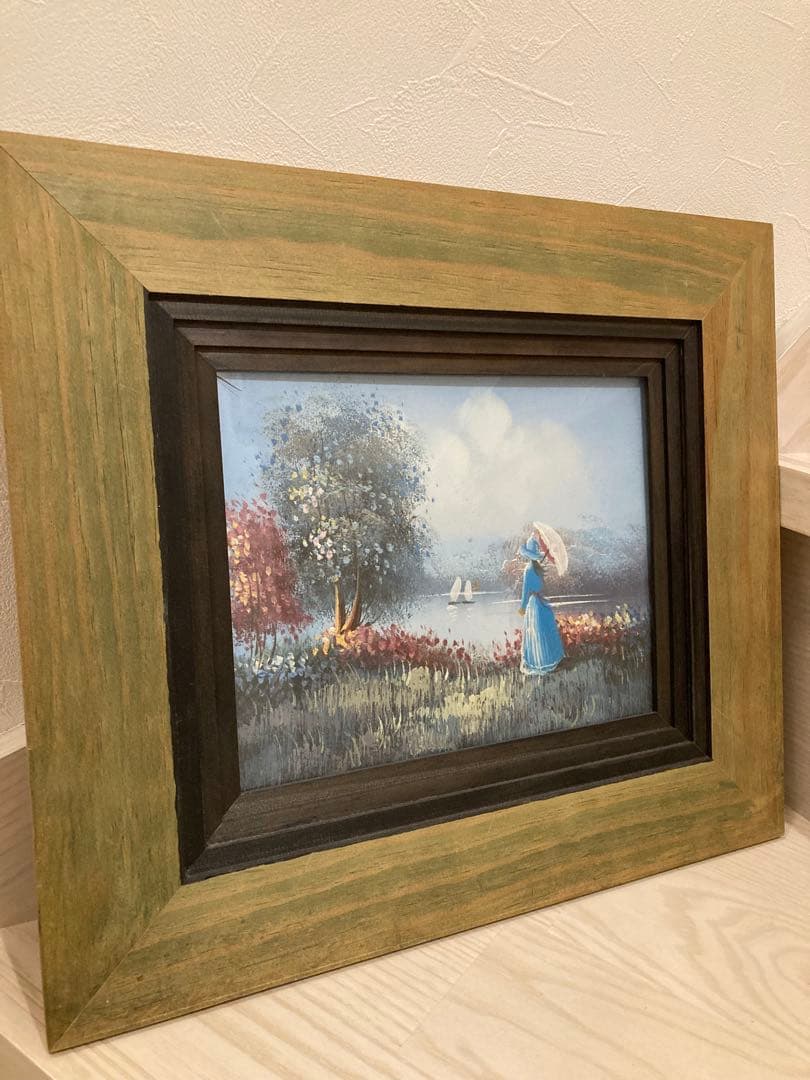 直筆絵画　女性と湖の風景