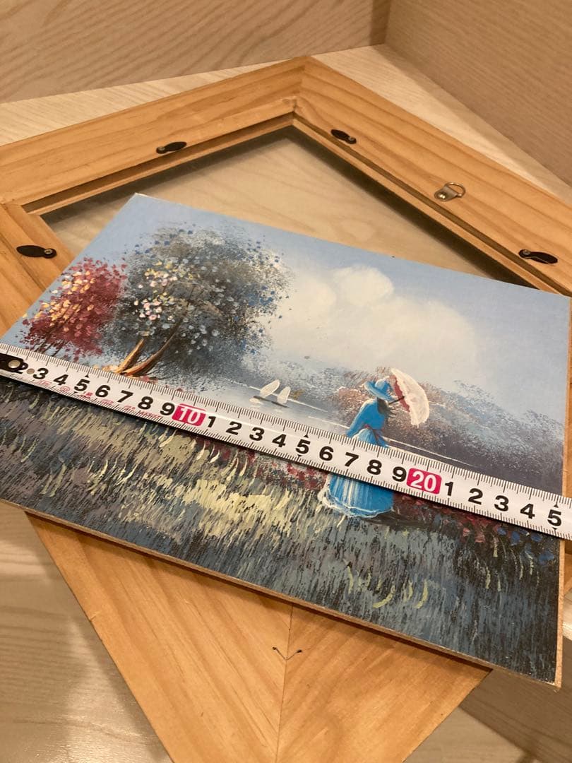 直筆絵画　女性と湖の風景