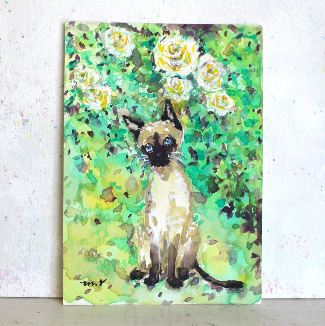 シャム猫の絵 水彩画 原画 額付き「白い薔薇とシャム猫」