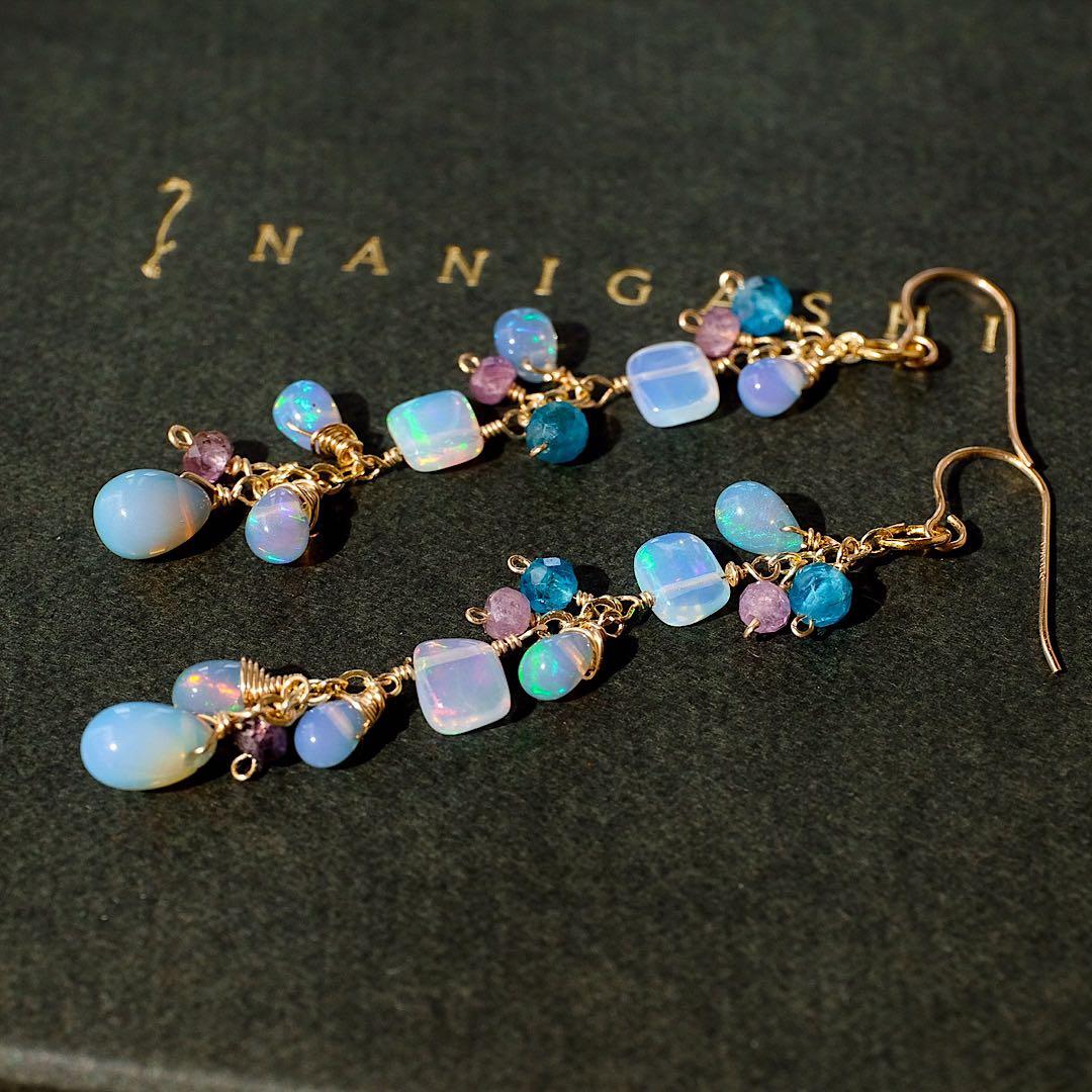 14kgfカラーオパール・パープルサファイア・アパタイトピアス/イヤリング