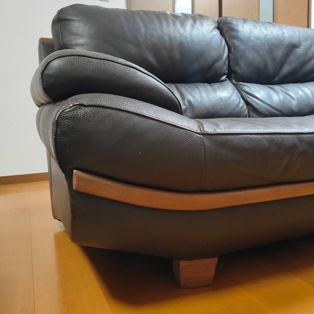送料込み 宮田家具 2人掛けソファ レザー張り 羽毛混 ダークブラウン 高級