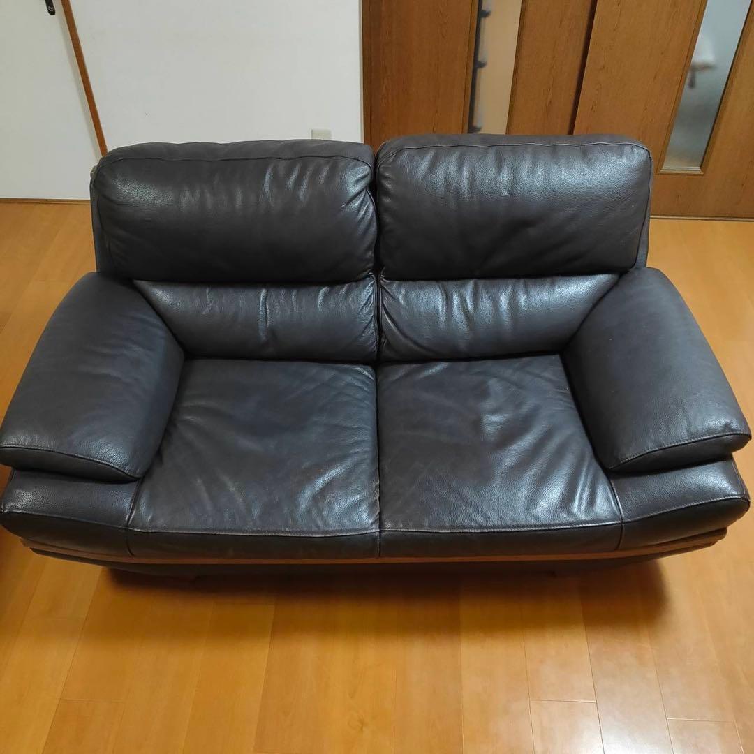 送料込み 宮田家具 2人掛けソファ レザー張り 羽毛混 ダークブラウン 高級