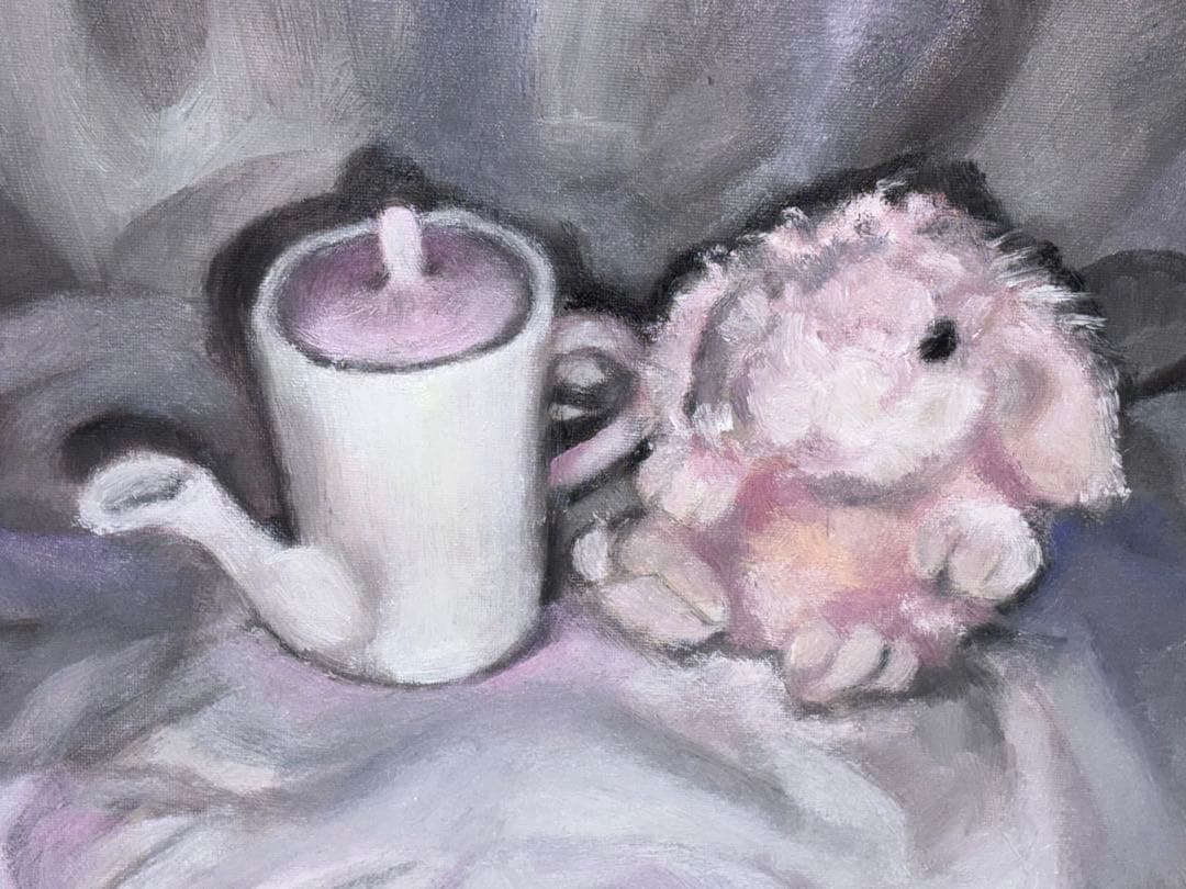 うさぎとティーポットの絵画　油彩画　油絵
