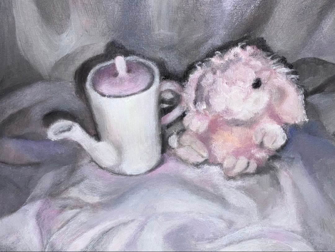 うさぎとティーポットの絵画　油彩画　油絵