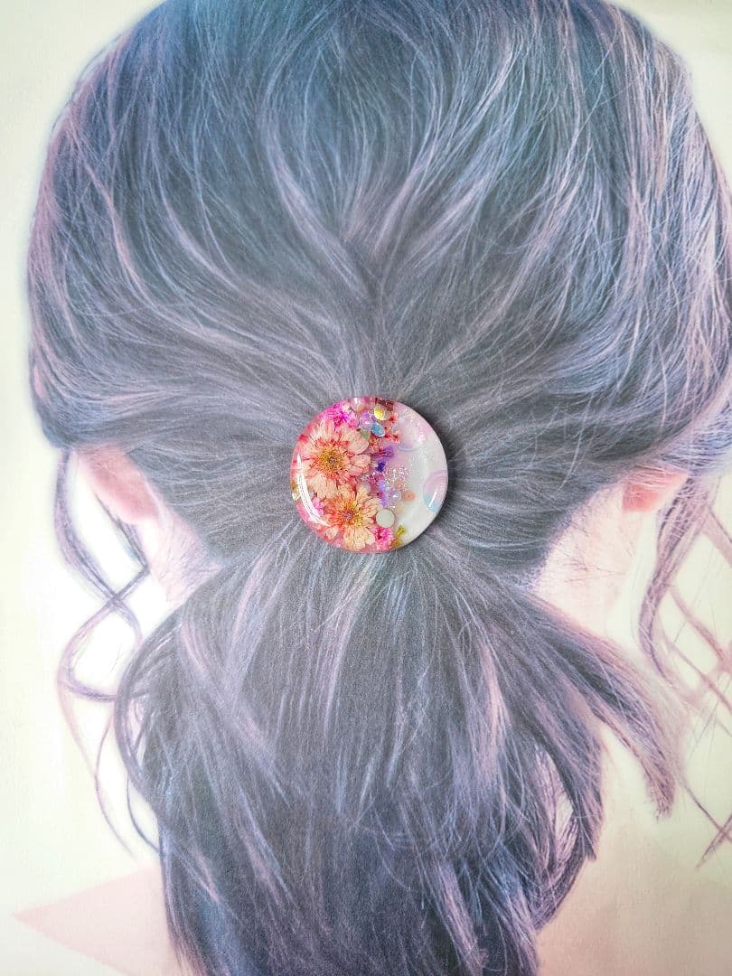 レジン　猫　ドライフラワー　ヘアゴム　ブローチ　ポニーフック　No.431