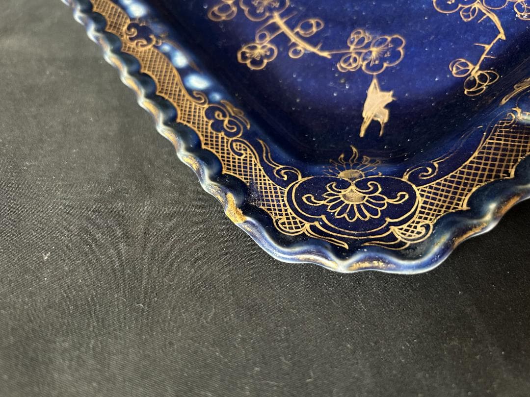 古伊万里 瑠璃 金彩 梅に小禽図 角皿 幕末期 s08