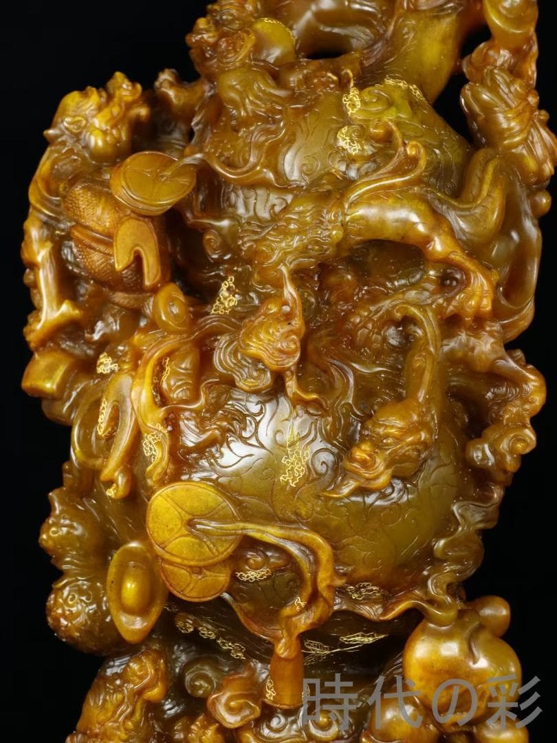 中国古美術【寿山田黄石 招財進宝】滄朋作款 旧蔵重器 11.61kg 鏤空 在銘