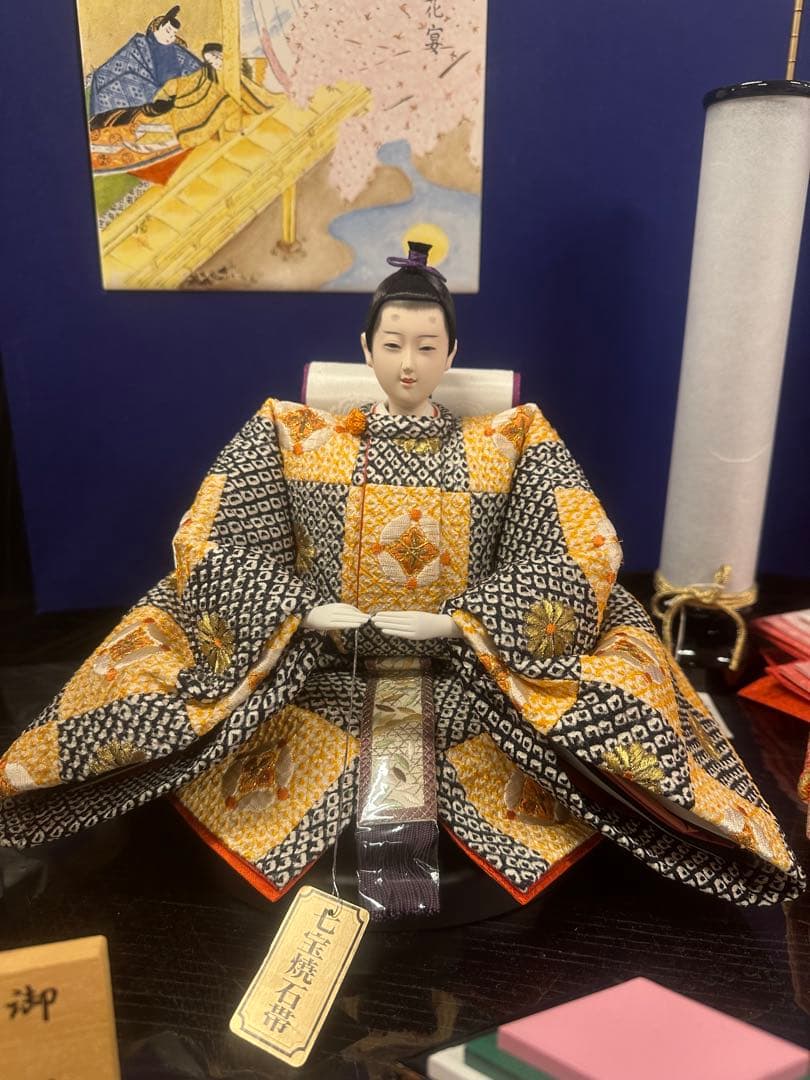 高級雛人形 親王飾りセット 源氏物語 有職紋様衣装 藍染屏風 新品未使用展示品