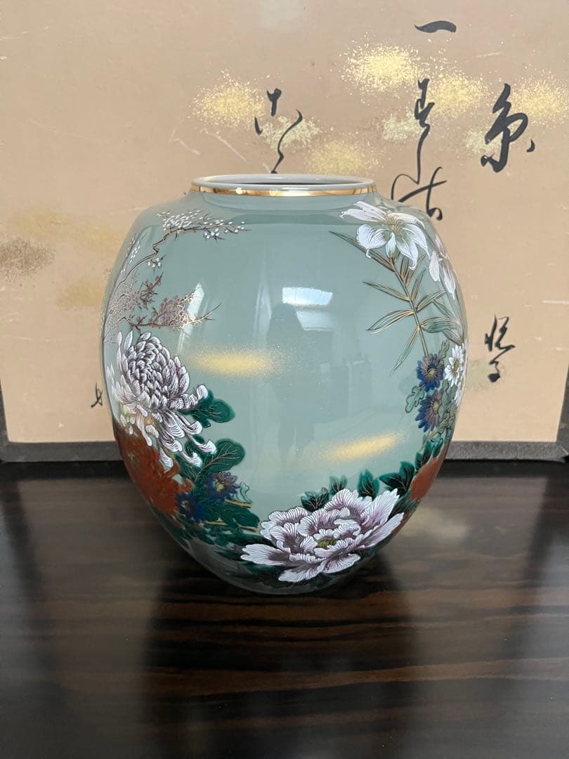 九谷焼花瓶、九谷栄山、壺、高級花瓶、アンティーク、陶器