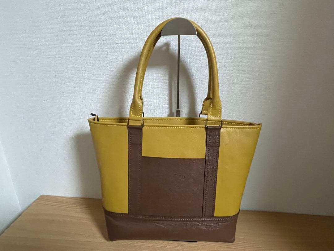 062.イエローとブラウンのトートバッグ 牛革 A4サイズ ハンドメイド