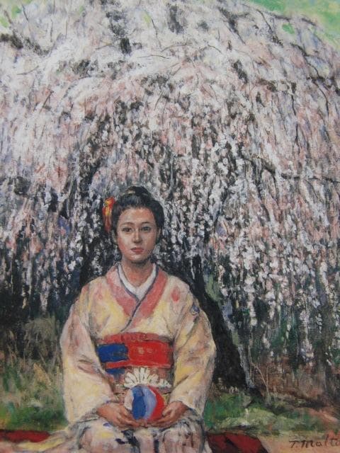丸田隆則、【桜幻想「袖之山のシダレ桜」】、希少な額装用画集より、美品、新品額装付