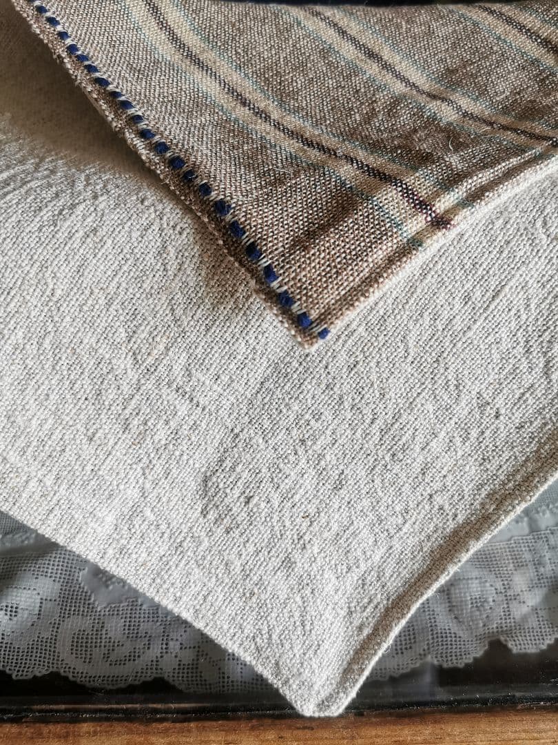 ハンドメイド✃アンティーク ホームスパンリネン＆ボーダー 青ステッチマット ラグ
