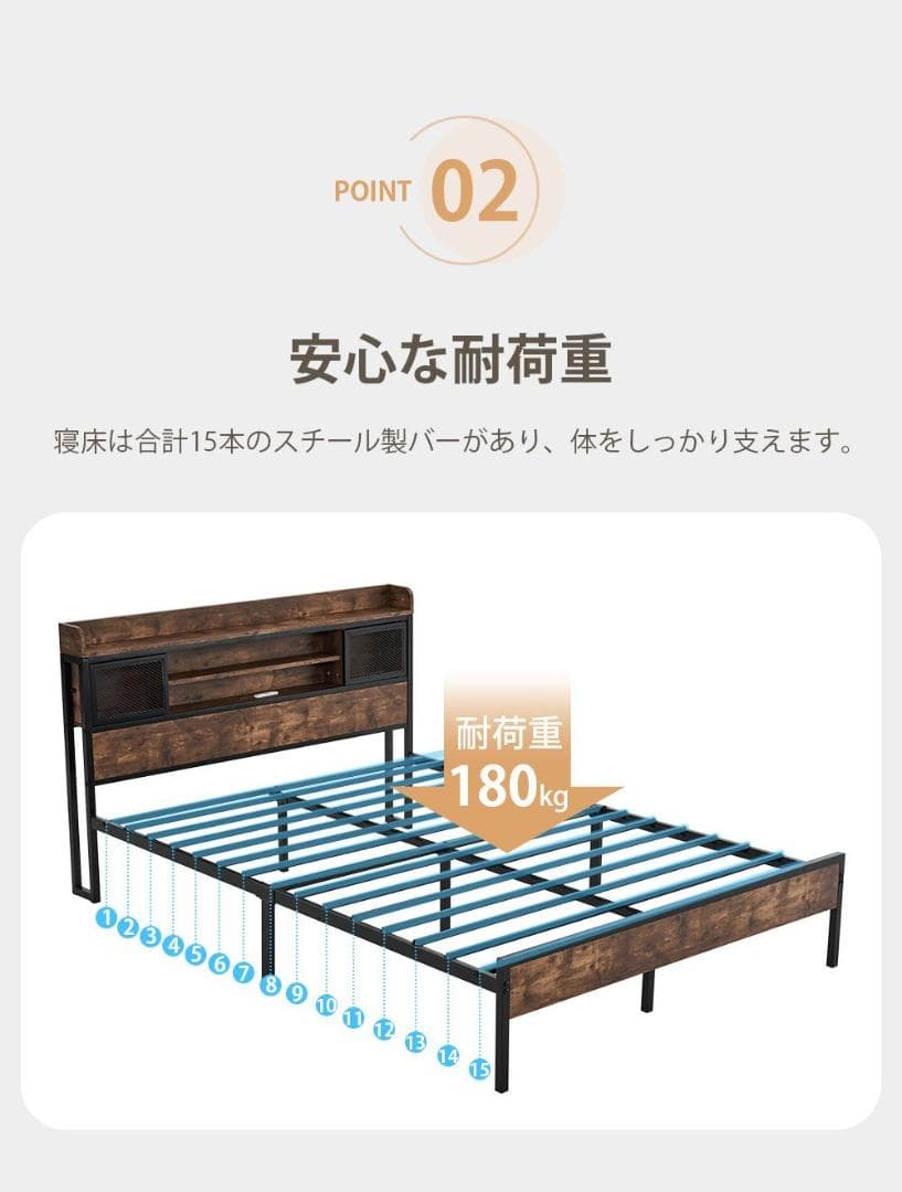 超赤字！【Dダブル】 ベッドフレーム コンセント付き 宮付き シンプル 北欧風