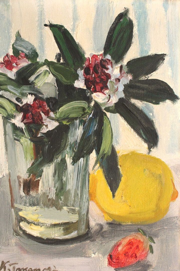 No5224 額装　高森捷三　「沈丁花とレモン」　油彩画　1957年　送料無料