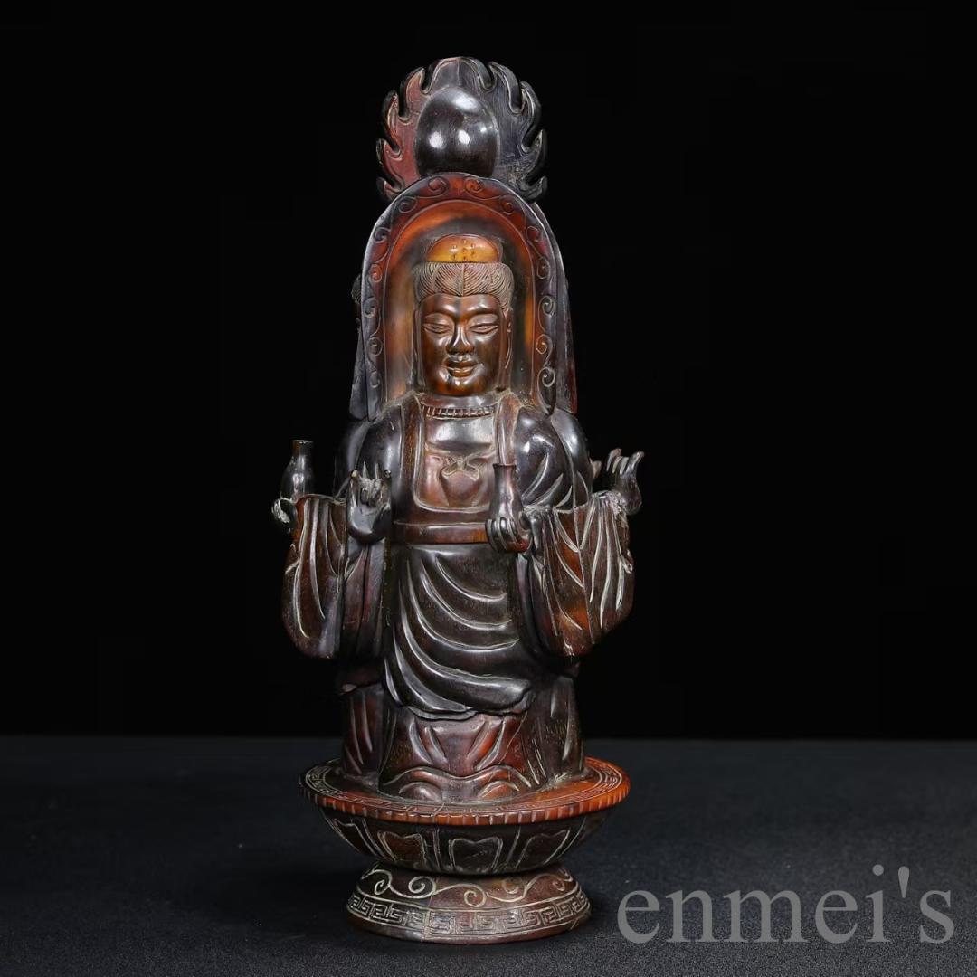 中国古美術『旧蔵 牛角彫刻 三面仏像置物』仏教工芸 極細工 古玩 骨董品 古美味
