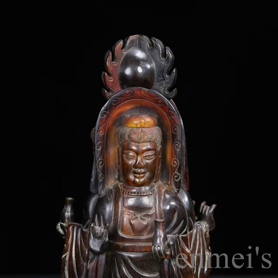 中国古美術『旧蔵 牛角彫刻 三面仏像置物』仏教工芸 極細工 古玩 骨董品 古美味