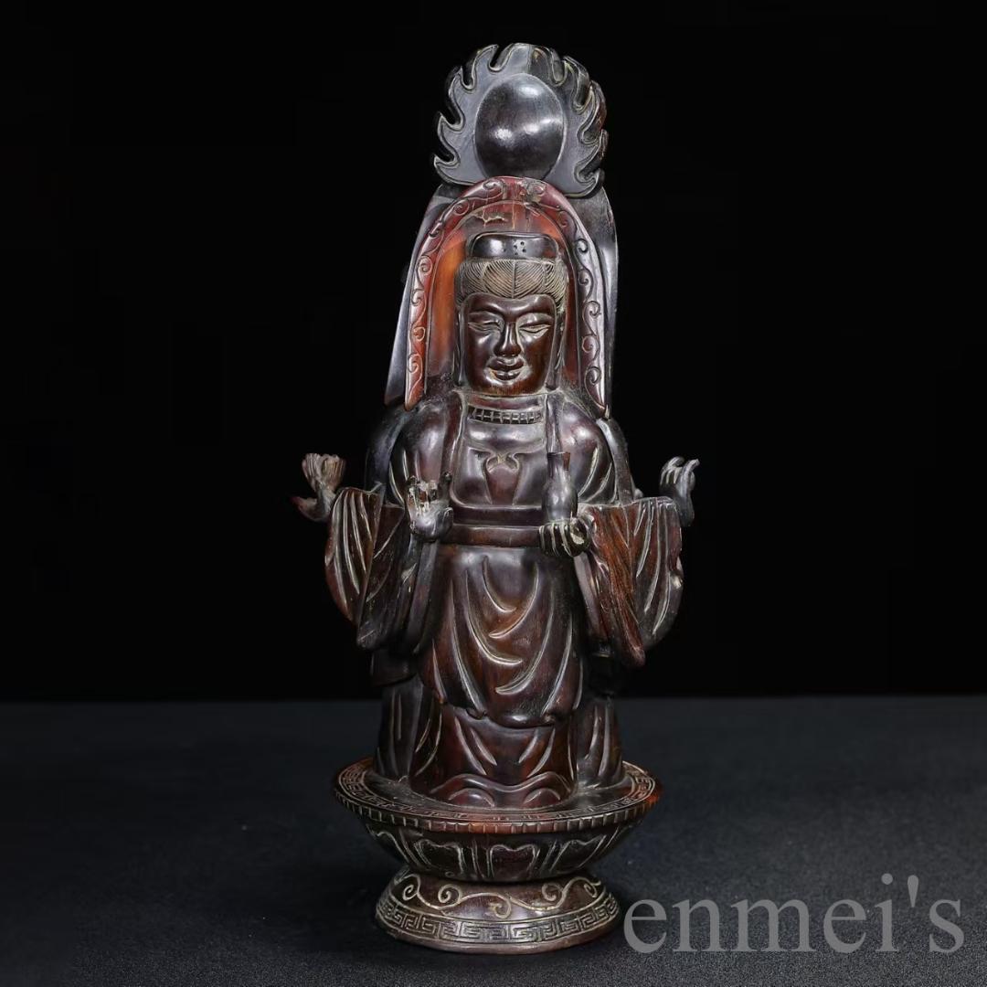 中国古美術『旧蔵 牛角彫刻 三面仏像置物』仏教工芸 極細工 古玩 骨董品 古美味