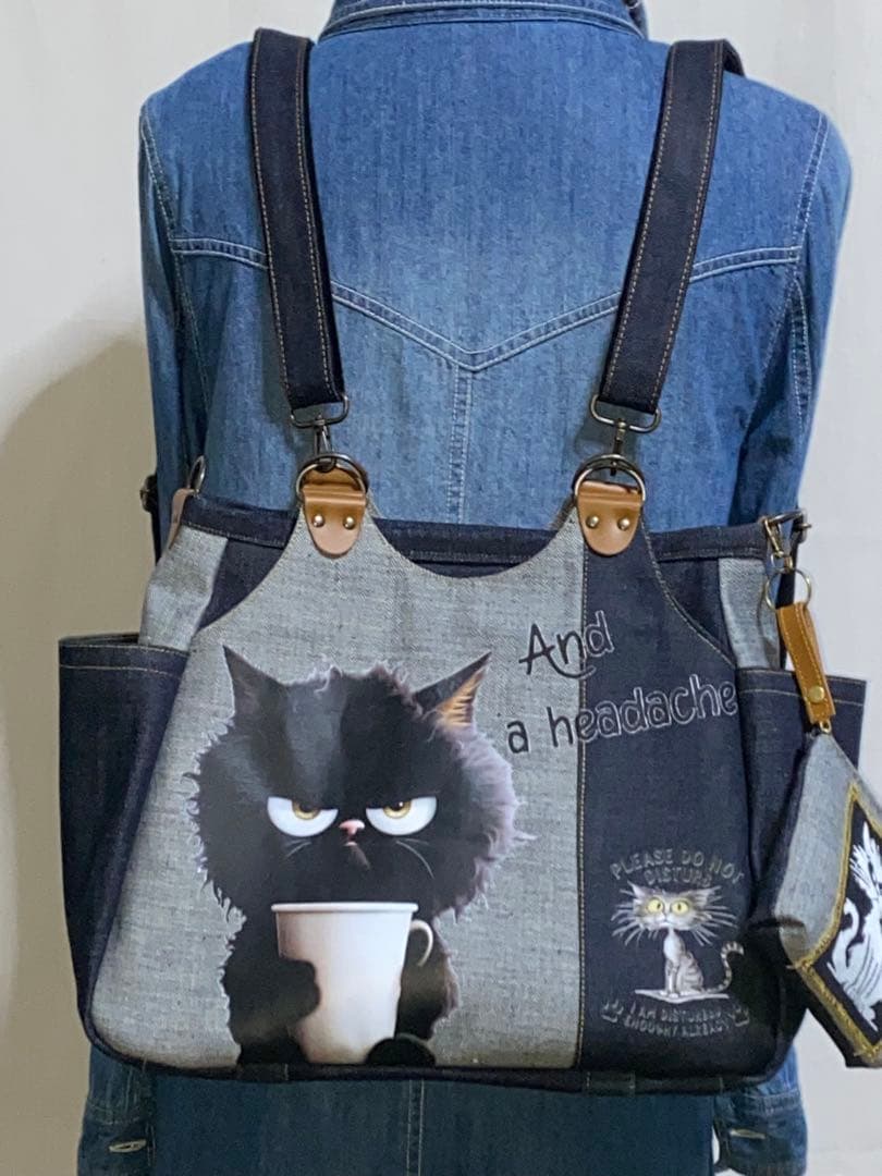 セール☆ハンドメイド☆岡山デニム☆黒ネコ☆リュック対応☆4wayあおりバッグ