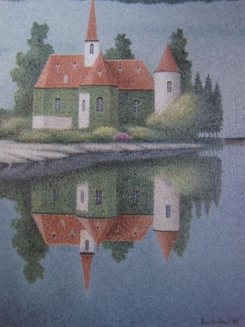 西村龍介、【湖の館】、希少な大判額装用画集より、美品、日本人画家