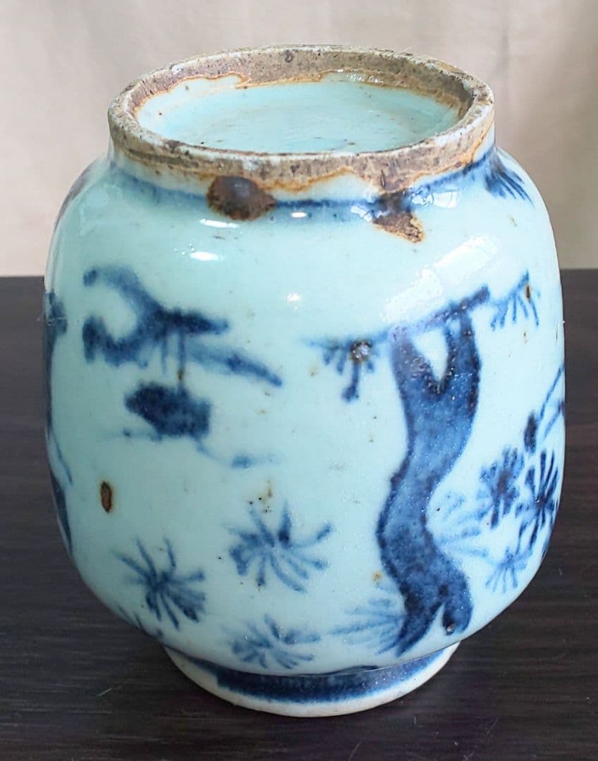 中国美術 白磁染付 明 清時代 人物花模様陶器の壺