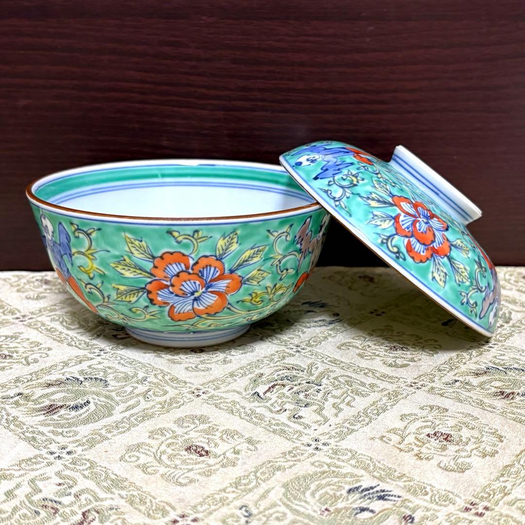 未使用保管品✨京焼 清水焼 雲泉 青彩牡丹唐子紋 蓋付向付 単品✨蓋物 九谷焼