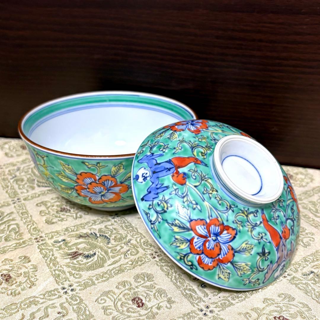 未使用保管品✨京焼 清水焼 雲泉 青彩牡丹唐子紋 蓋付向付 単品✨蓋物 九谷焼
