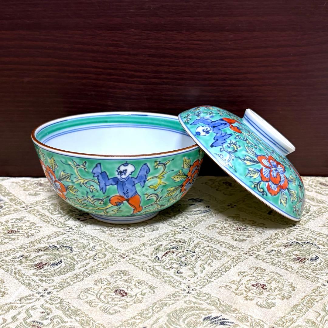 未使用保管品✨京焼 清水焼 雲泉 青彩牡丹唐子紋 蓋付向付 単品✨蓋物 九谷焼